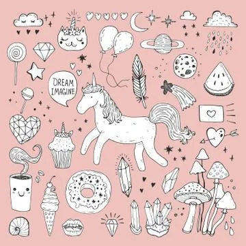 Unicorn magic design element hand draw set Stock Illustration