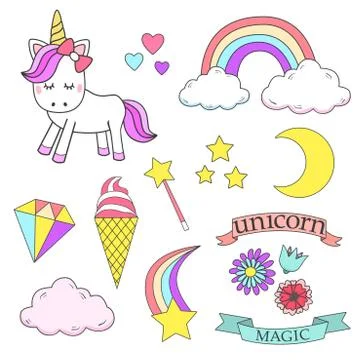 Unicorn magic design element set Stock Illustration