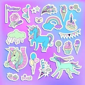 Unicorn multicolor stickers with unicorns, balloons, cake, sweets, ice-cream Stock Illustration