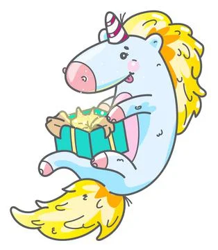 Unicorn opens a box with a magic gift Stockillustratie