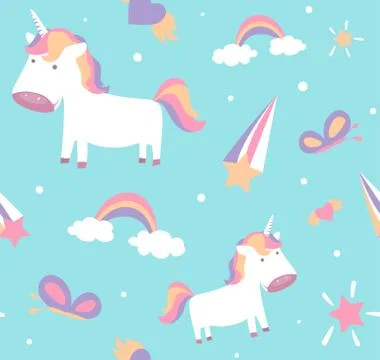 Unicorn pattern. Cute seamless design with baby pony, stars, rainbow, butterfly Illustrazione stock