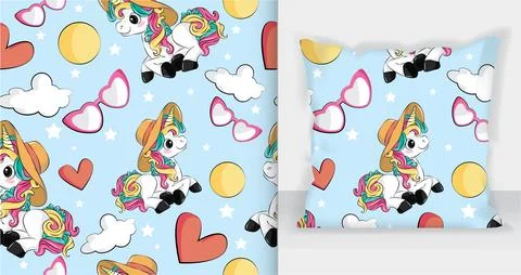 Unicorn pattern pillow mockup. Cute rainbow baby unicorn design with Flat u.. イラスト素材
