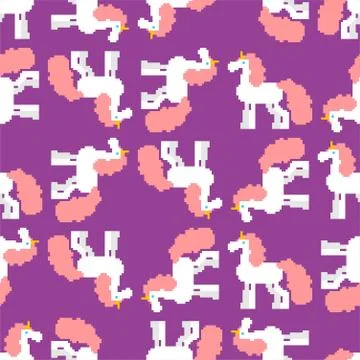 Unicorn pattern pixel art. Background Magic horse 8 bit with horn on head. Ve Stock Illustration