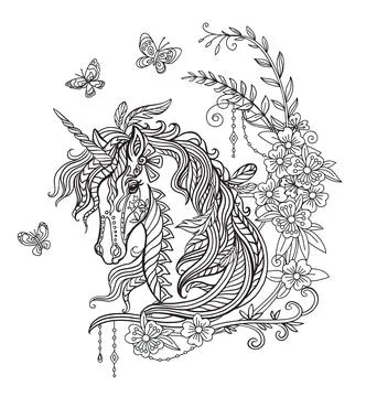 Unicorn portrait coloring book vector illustration black Stock Illustration