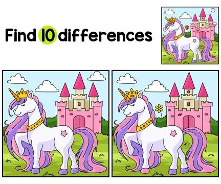 Unicorn Princess Find The Differences Stock Illustration