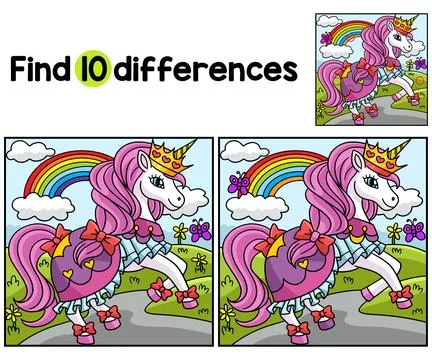 Unicorn Princess Find The Differences Stock Illustration
