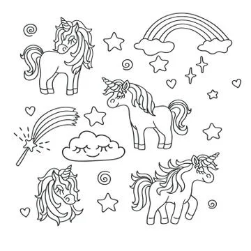 Unicorn, rainbow, magic wand vector sketch set Stock Illustration