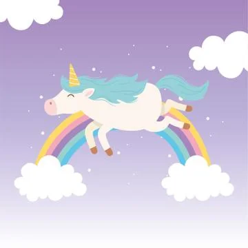 Unicorn rainbow starry sky clouds magical fantasy cartoon cute animal Stock Illustration