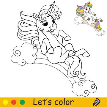 Unicorn rolls down the rainbow coloring vector Stock Illustration