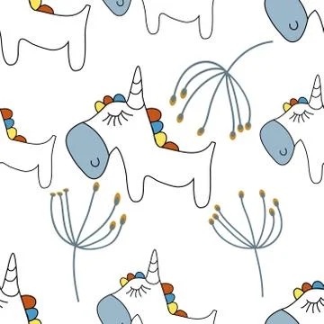 Unicorn. Scandinavian style. Seamless pattern. Drawing for children. Stock Illustration