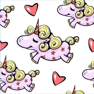 Unicorn seamless pattern Cute unicorn smiling with hearts flying Stock Illustration