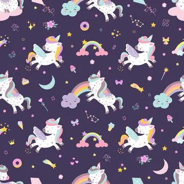 Unicorn seamless pattern, kids texture for clothes. Childish magic fairy tale Stock Illustration