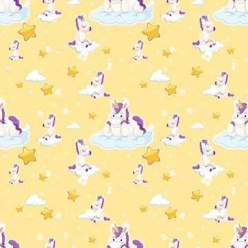 Unicorn seamless pattern with many clouds on yellow background イラスト素材
