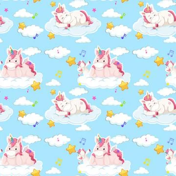 Unicorn seamless pattern with many clouds on blue background Stockillustratie