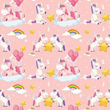 Unicorn seamless pattern with many clouds on pink background Stockillustratie