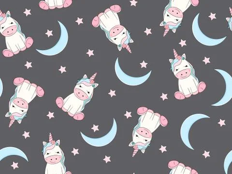 Unicorn seamless pattern with moon and stars. Cartoon vector illustration. Stock Illustration