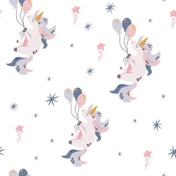Unicorn seamless pattern. Unicorn flying on balloons. Starry sky background.  Stock Illustration