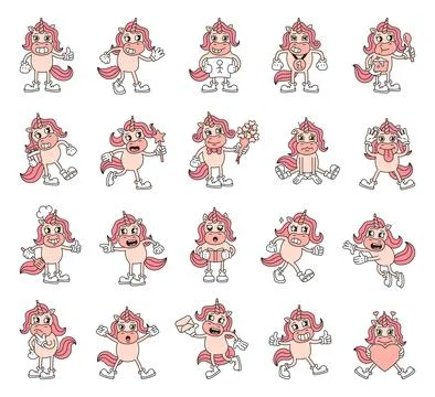 Unicorn set with emotions charming characters Stock Illustration