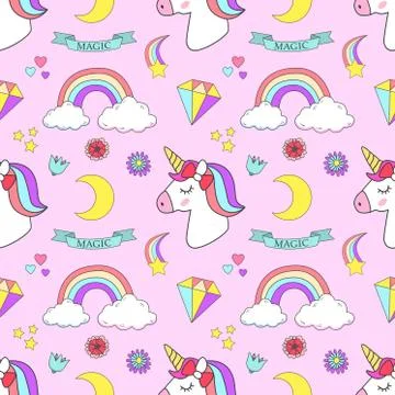 Unicorn set magic design on pink Stock Illustration