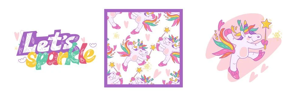 Unicorn set with seamless pattern, lettering and character, vector. Stock Illustration