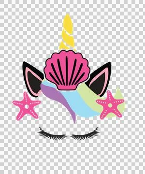 Unicorn With Shell Starfish Silhouette eyelashes black Stock Illustration