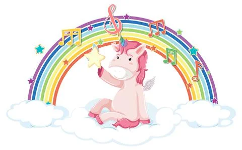 Unicorn sitting on cloud with rainbow and melody symbol Stock Illustration
