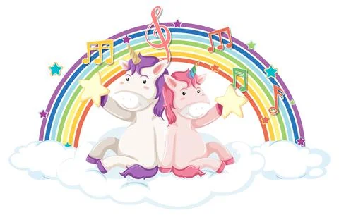 Unicorn sitting on cloud with rainbow and melody symbol Stockillustratie