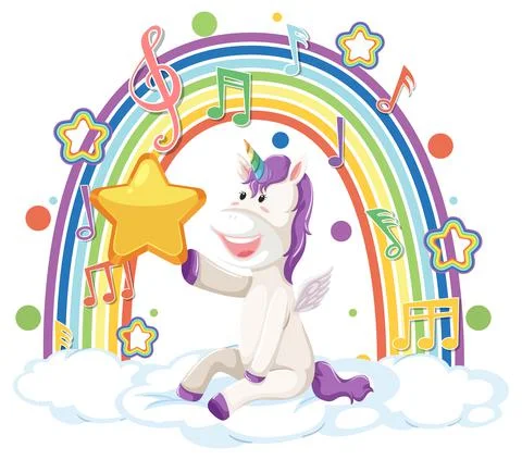 Unicorn sitting on cloud with rainbow and melody symbol Stock Illustration