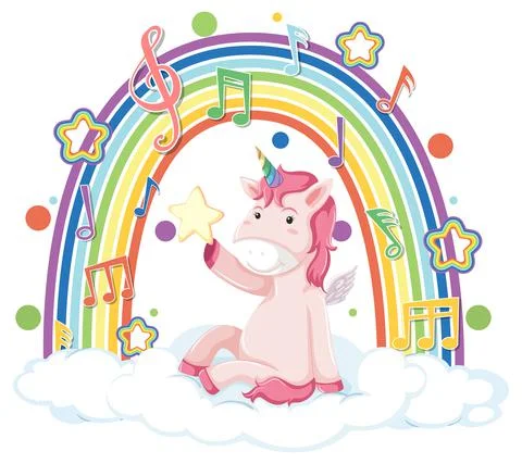 Unicorn sitting on cloud with rainbow and melody symbol Stock Illustration