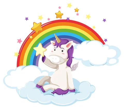 A unicorn sitting on a cloud with rainbow Stockillustratie
