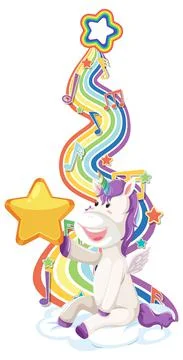Unicorn sitting on the cloud with rainbow on white background Stock Illustration