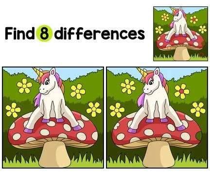 Unicorn Sitting on a Mushroom Find The Differences Stock Illustration