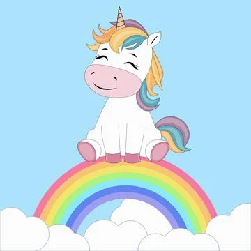 Unicorn sitting on a rainbow with clouds Stock Illustration