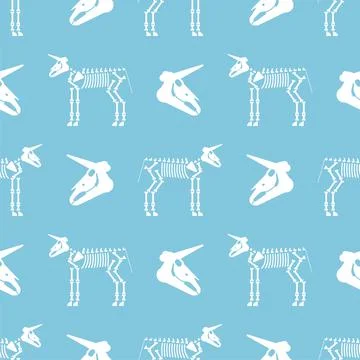 Unicorn Skeleton pattern seamless. Magic horse with horn skull background. Ve Stock Illustration