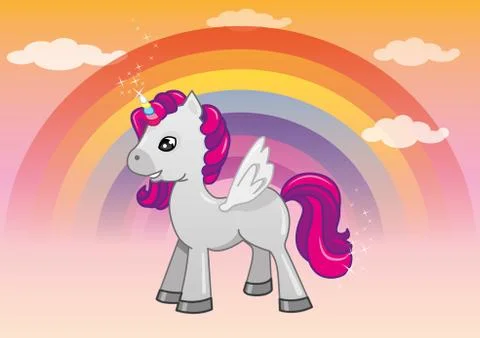 Unicorn in the sky with rainbow and clouds Stock Illustration