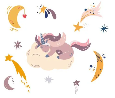 Unicorn sleeps on a cloud. Set of different months of stars and moon. Sweet D Stock Illustration