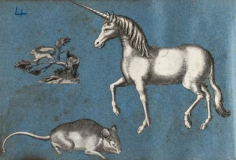 A unicorn, a squirrel and a mouse. Cut-out engravings pasted onto paper, 16-- Stock Illustration