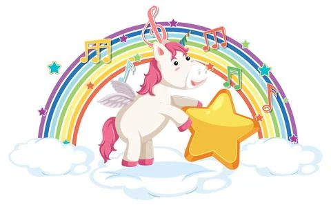 Unicorn standing on cloud with rainbow and melody symbol Illustrazione stock
