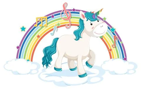 Unicorn standing on cloud with rainbow and melody symbol Stock Illustration
