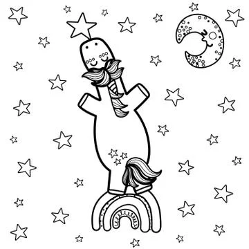 Unicorn standing on a rainbow pulls out a star from the sky. Magic coloring page Stock Illustration