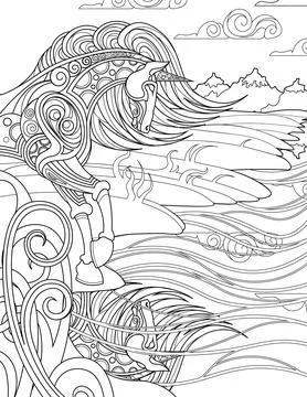Unicorn Standing Staring At Water Reflection On Windy Shore Colorless Line 스톡 일러스트