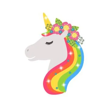 Unicorn vector icon isolated on white. Head portrait horse sticker, patch badge Stock Illustration