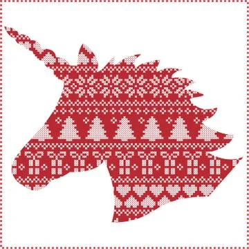 Unicorn on xmas pattern background in red and white Stock Illustration