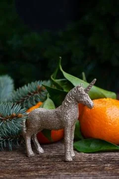 Unicorne with mandarines Stock Photos