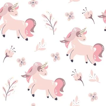 Unicorns and flowers seamless pattern. Fantastic animal. Print for fabric, te Stock Illustration
