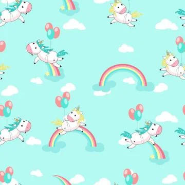 Unicorns with balloons vector seamless pattern Stock Illustration