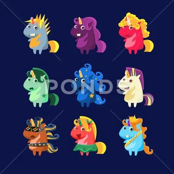 Unicorns In Costumes Set Stock Illustration