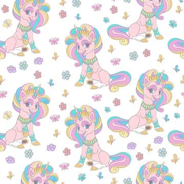 Unicorns dreams pastel seamless pattern white background Illustrazione stock