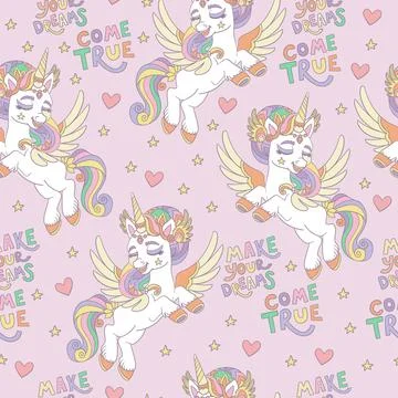Unicorns dreams pastel seamless pattern pink background Stock Illustration