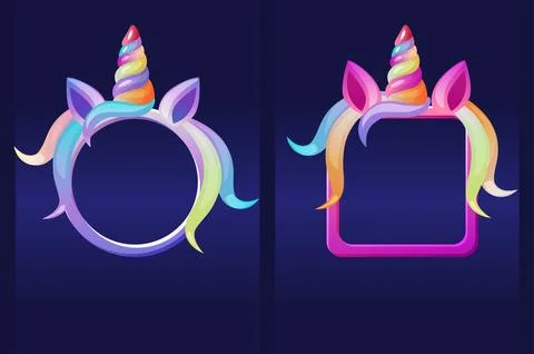 Unicorns frames, cartoon round and square avatars for graphic design. Stock Illustration